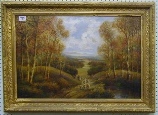 F C Jamieson, A Victorian oil painting on canvas "Downland Scene with Shepherd Driving Sheep" 15" x 23"  signed