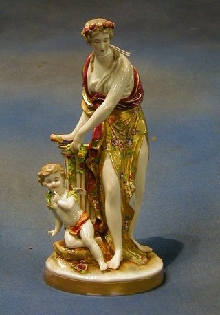 A fine quality 19th Century Continental porcelain figure of a lady by a pedestal with quiver and cherub 11"