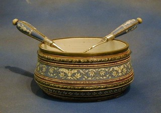 A Metlach salt glazed circular salad bowl with plated mounts the base marked Villeroy & Boch Metlach 125024 and a pair of matching salad servers