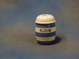 A T G Greener Cornish kitchenware blue and white striped flour sifter, the base with green shield mark 5"