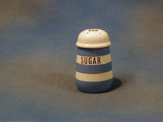 A T G Greener Cornish kitchenware blue and white striped sugar sifter, the base with green shield mark 5"