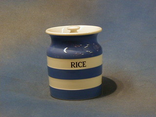 A T G Greener Cornish kitchenware blue and white striped storage jar marked rice together with 1 other plain storage jar, both with green shield mark to base