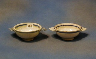 2 Quimper twin handled bowls decorated figures and marked I B Quimper, 5"