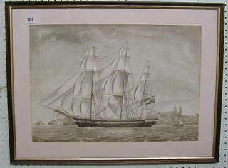 19th Century Greek School, a pencil drawing "Three Masted Clipper in Full Sail by Shore" 13" x 19"