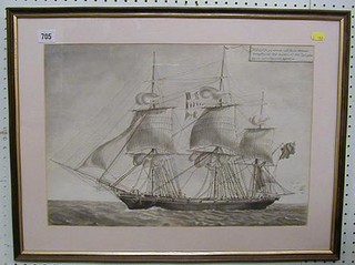 19th Century Greek School, a pencil drawing "Three Masted Merchant Ship in Full Sail" indistinctly signed and inscribed in Greek 1802, 1810 and 1825 13" x 19"