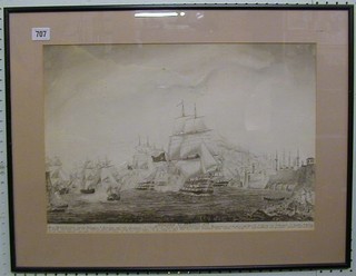 19th Century Greek School, a pencil drawing, "Naval Engagement with Turkish War Ships" inscribed and dated 1825 13" x 19"