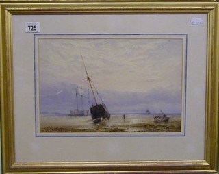 W May, watercolour drawing "Beached Two Masted Sailing Ship and One Other with Figures, signed and dated '66 9" x 13"