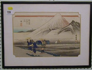 A 19th Century watercolour drawing on rice paper "Figures by a Mountain" written to the reverse "From Waken Rreishu Hiroshiyie 1804-58"  9" x 14"