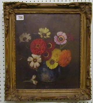 W A Chase, oil painting on canvas, still life study, "Mixed Bunch of Flowers in a Vase" 14" x 12" the reverse with Henry J Brown Raeburn Gallery label