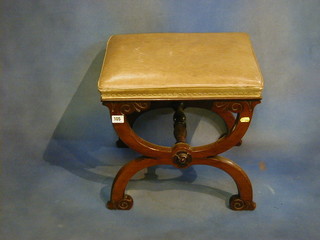 A Victorian Pugin designed X framed stool the seat upholstered cream hide, 18" (slight worm)