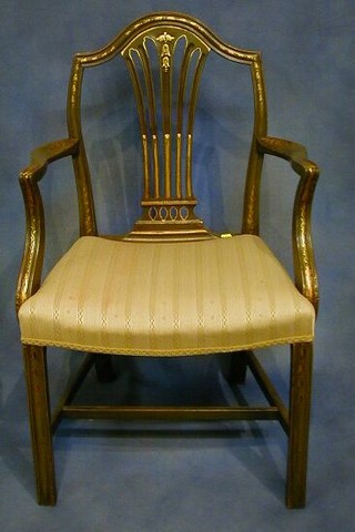 A 19th Century green and gilt painted Hepplewhite style camel back chair with upholstered seat on square tapering supports