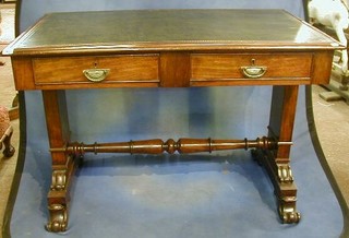 A William IV mahogany writing table with inset tooled leather writing surface fitted 2 frieze drawers, raised on standard supports united by an H framed stretcher 45"