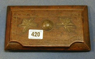 A WWI wooden Trench Art Trinket box with hinged lid decorated 2 Machine Gun Corps cap badges and do. button 8"