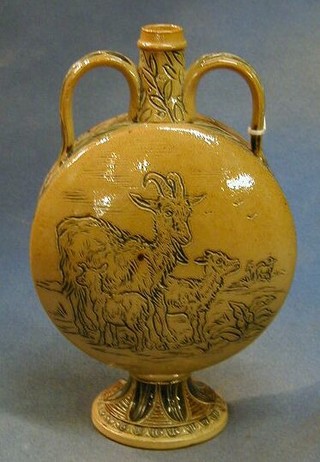A Doulton Lambeth Hannah Barlow twin handled moon shaped flask decorated goats, the base impressed Doulton Lambeth and incised HB 9"