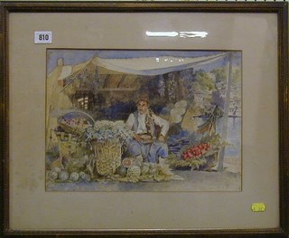 19th Century watercolour drawing "Turkish Green Grocer by a Bay" 11" x 14"