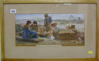 J E, a Victorian watercolour drawing "Children Studying a Rock Pool" monogrammed dated 1885 7" x 15"