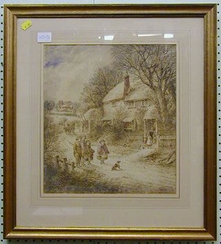 Stanley Herdman,  watercolour drawing "Country Scene with Cottage and Figures" signed 13" x 12"