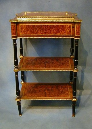 A 19th/20th Century French inlaid walnutwood 3 tier etagere planter with gilt metal mounts throughout, raised on turned supports 21"