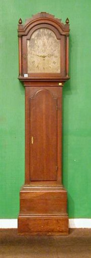 An 18th Century longcase clock, the 12" brass arched dial with strike/silent indicator, calendar dial and minute indicator by John Vidion of Faversham (now containing a later 8 day clock movement) contained in an 81" oak case