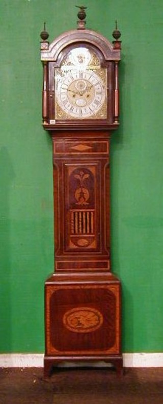 An 18th Century 8 day striking longcase clock, the 12" arched dial with phases of the moon and minute indicator by Boiven of Bristol, striking on a bell, contained in an inlaid mahogany case 86"