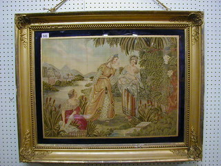 A fine quality 18th century wool and applique work panel depicting Moses in the Bull Rushes 17" x 23" 