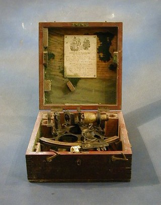 A Japanned metal sextant by Henry Hughes & Sons Ltd, boxed and with certificate