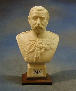 A Victorian head and shoulders Parian bust of General Buller by Robinson & Leadbetter raised on a wooden base 9"