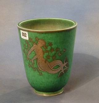 An Argenta Gustavsberg green glazed Swedish pottery vase decorated a silver mermaid 