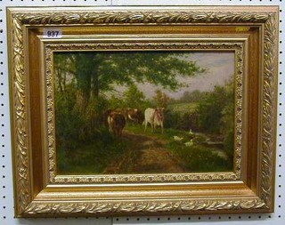 G A Gure? oil painting on board "Driven Cattle by a Stream" 9" x 12"