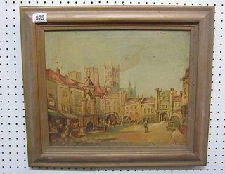 An oil painting on canvas "Market Scene with Cathedral" 11" x 13"