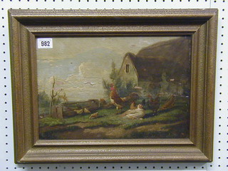 A fine quality 19th Century Continental oil painting on canvas "Chickens by a Barn" 9" x 13" (some paint loss)