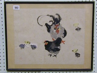 A pair of Oriental paintings on rice paper "Chickens" 12" x 14"