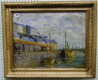 R B Voits, oil painting on canvas "Harbour Scene with Boats and Figures" signed and dated 1952 14" x 17"