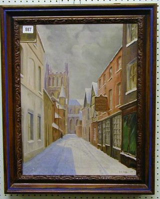 R B Voits, oil painting on canvas "Snow Scene with Hereford Cathedral" signed and dated 1955 19" x 14"