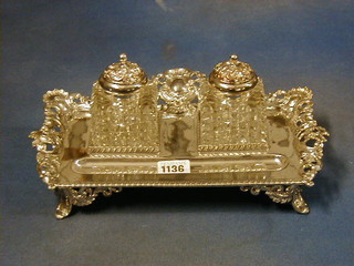 A Victorian pierced silver plated standish with 2 hobnail cut inkwells with embossed mounts 11"