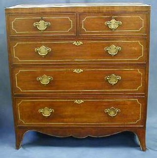 A Georgian mahogany chest of 2 short and 3 long drawers on splayed bracket feet with line inlay, 37"