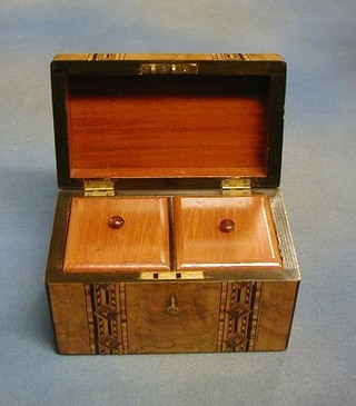 A Victorian walnutwood twin compartment tea caddy with hinged lid and Tunbridge ware banding  8"