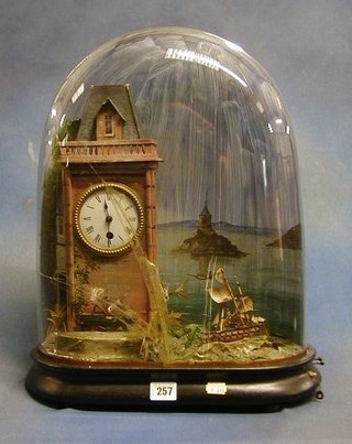 A fine quality 19th Century Continental automaton clock in the form of a tower water mill with musical box movement and having a 3 masted ship pitching upon the waves contained under a glass dome (f)