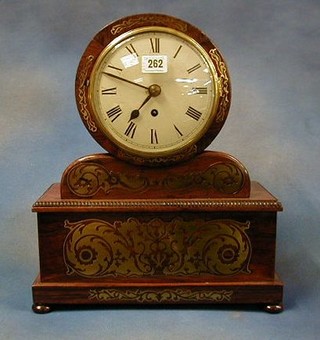 A William IV fusee mantel clock with 6" painted dial with Roman numerals contained in a rosewood and brass inlaid drum shaped case