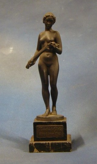 A 20th Century Continental bronze trophy figure of a naked lady with ears of corn, raised on a black veined marble base marked Fviduich Gladz 1892 Win 1952, 11"
