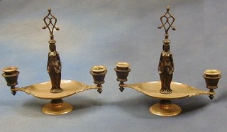 A pair of 19th Century bronze and brass twin light candelabrum decorated figures of classical ladies, 9"