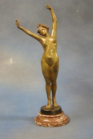 Pavid, an Art Deco bronze figure of a standing naked lady raised on a pink veined socle base 15"