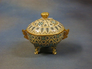 A circular twin handled cloisonne Koro and cover raised on 3 tapering supports 7"
