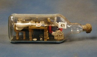 An interior scene in a bottle with seated sailor, table, cat and parrot, 12"