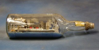 A ship in a bottle "RMS Queen Mary" in  New York with flying boat Statue of Liberty etc 19"