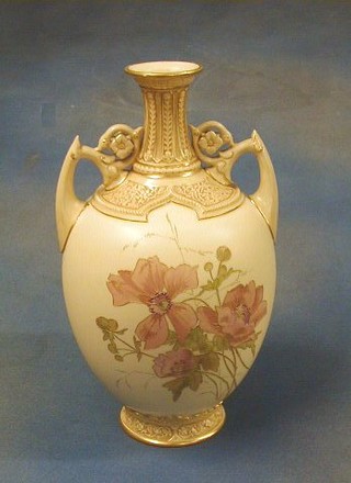 A Victorian Royal Worcester blush ivory twin handled vase, with floral decoration, the base marked RD no. 63497   1200 (some minor damage to the beading) 13"