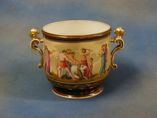 A Vienna porcelain twin handled jardiniere decorated sacrificial scenes, the base with beehive mark and marked Achilles Deiop?? 7"