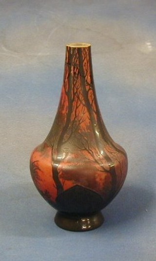 A large cameo glass vase decorated swans amidst wooded lake 12" (neck f and r) bears Galle signature
