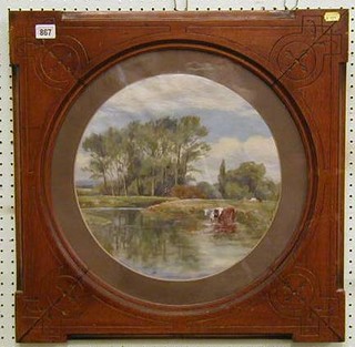 A 19th Century oil painting on canvas "Watering Cattle" 13"