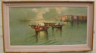 S H Nyth, oil painting on canvas "Venetian Scene with Fishing Boats" 19" x 39"